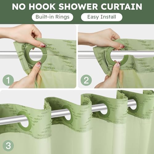 FADOTY Green No Hook Shower Curtain Set with Snap in Liner, 71'' x 86''
