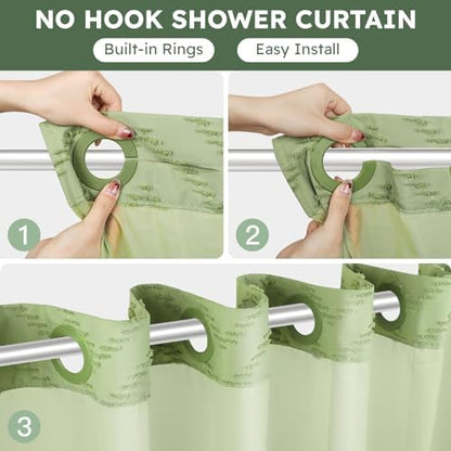 FADOTY Green No Hook Shower Curtain Set with Snap in Liner, 71'' x 86''