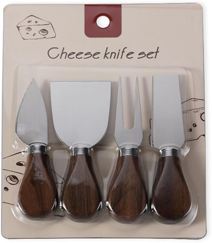 Linwnil 4-Piece Set of Stainless Steel Cheese Knives with Wood Hand, Including Cheese Slicer and Cheese Cutters, Essential Cheese Tools for the Kitchen (Walnut handle, Silver)