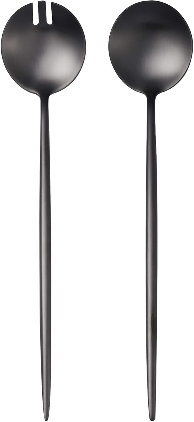 Lemeya Black Salad Serving Utensils,Serving Spoons Stainless Steel,2Pcs Long Handle Salad Servers 11.42 Inch,Salad Utensils for Serving,Matte Finish,Dishwasher Safe