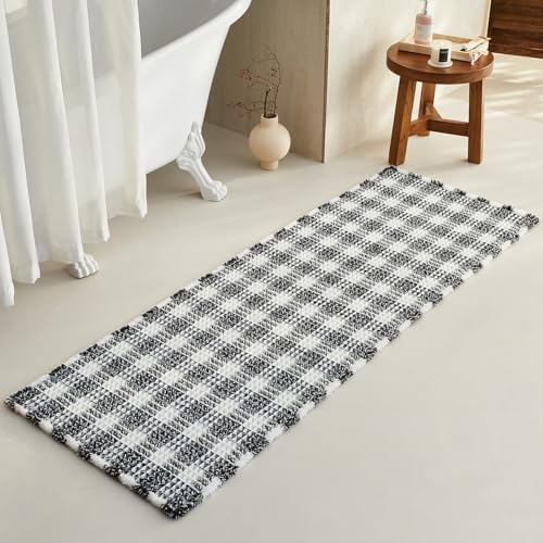 TYUU Waffle Runner Rug Bathroom, Long Boho Bath Mat, 72x24 Black & White