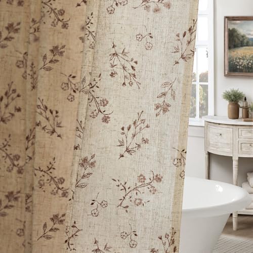 Brown Floral Farmhouse Vintage Linen Shower Curtain French Country 72Wx72H
