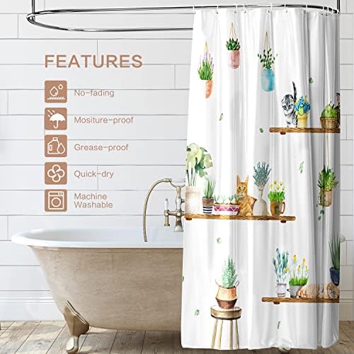 Hanging Potted Plants Cat Shower Curtain, Bracket Plant Kitty Shower Curtain for Bathroom with 12 Hooks, Polyester Fabric Waterproof Shower Curtain Sets Machine Washable Bath Curtain