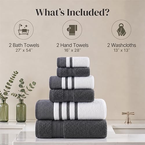 Modern Threads 6 Piece Bath Towel Set – Bathroom Towel Set with 2 Bath Towels, 2 Hand Towels & 2 Washcloths – 100% Cotton, Soft & Absorbent – Classic Border Stripe (Gray)