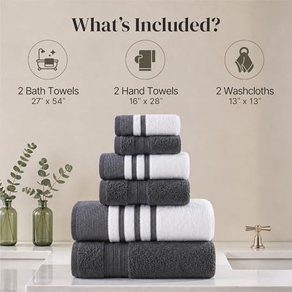 Modern Threads 6 Piece Bath Towel Set – Bathroom Towel Set with 2 Bath Towels, 2 Hand Towels & 2 Washcloths – 100% Cotton, Soft & Absorbent – Classic Border Stripe (Gray)