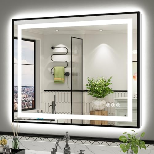 44x36 Inch LED Bathroom Mirror with Black Frame, Backlit & Front Lit