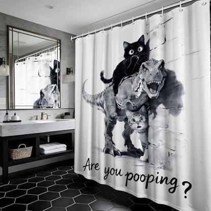 Extra Tall Shower Curtain XL Cat Riding Dinosaur, 70 x 78 Inchs