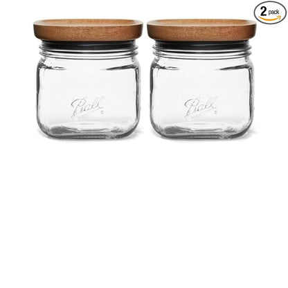 Ball Stack & Store Glass Mason Jars with Wooden Lid, Used for Pantry, Cookies, Flour, Cereal, Rice, Sugar, Tea, Coffee Beans, Spices, Square, 4-Cup (Pack of 2)
