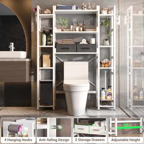 Besiost Over The Toilet Storage, 11 Tier Bathroom Organizer with Dual Side Racks and 2 Fabric Drawers, Adjustable Freestanding Rack Space Saver for Small Spaces, White