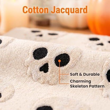 2 Pack Halloween Hand Towels 100% Cotton Jacquard Skeleton Halloween Kitchen Towels White Bathroom Towels Set Seasonal Bathroom Decor(Beige Skeleton, Halloween)