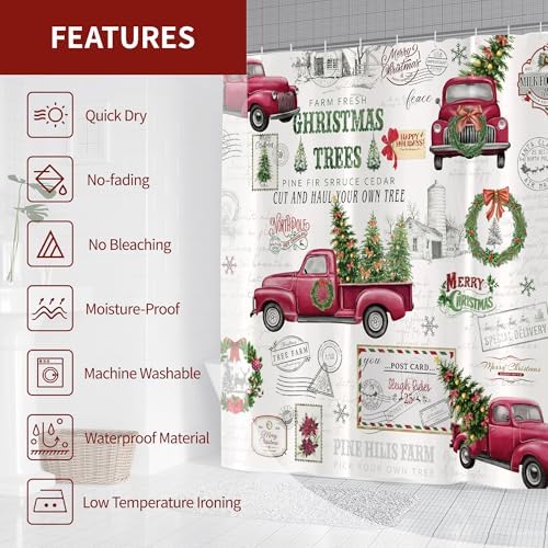Vintage Christmas Farmhouse Shower Curtain for Bathroom 72W*72H Inch Red Truck Xmas Tree Winter Snowflake Wreath Classical Country Holiday Decorations Bathtub Decor Waterproof Polyester Fabric Set