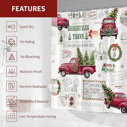 Vintage Christmas Farmhouse Shower Curtain for Bathroom 72W*72H Inch Red Truck Xmas Tree Winter Snowflake Wreath Classical Country Holiday Decorations Bathtub Decor Waterproof Polyester Fabric Set