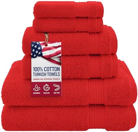 American Veteran Towel, 100% Cotton Turkish 6 Piece Towel Set, Luxury Towels Set of 6 for Bathroom Essentials, 2 Bath Towels 2 Hand Towels 2 Washcloths, Red