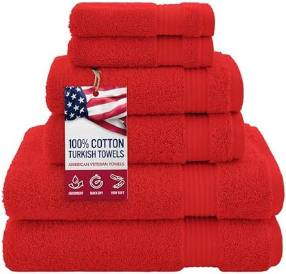 American Veteran Towel, 100% Cotton Turkish 6 Piece Towel Set, Luxury Towels Set of 6 for Bathroom Essentials, 2 Bath Towels 2 Hand Towels 2 Washcloths, Red