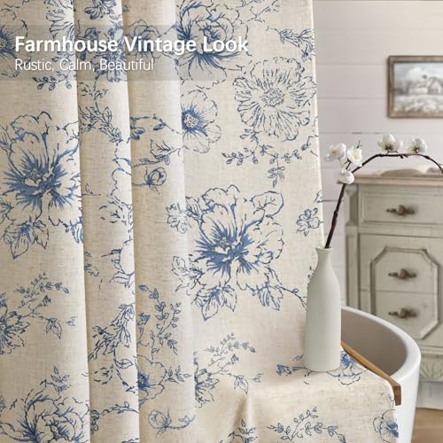 Farmhouse Floral Vintage Shower Curtain for Bathroom, Dark Blue and Tan