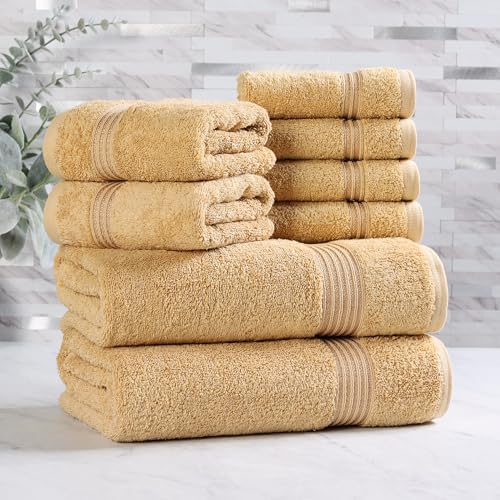 Superior Egyptian Cotton 8-Piece Towel Set, Assorted Towels for Home Bathroom, Guest Bath Decor Essentials, Includes 2 Bath, 4 Hand, 2 Face Towels/Washcloths, Quick Dry, Absorbent, Gold