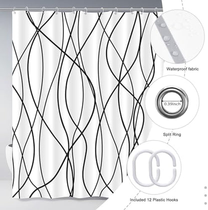 Striped Shower Curtain for Bathroom, White Black, 72" W x 72" L