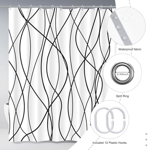 Striped Shower Curtain for Bathroom, White Black, 60" W x 72" L