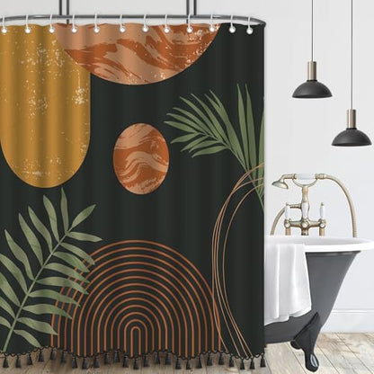 Boho Mid Century Leaf Shower Curtain Set,Arch Sun Design,Minimalistic Leaves Pattern,Waterproof and Luxurious Fabric-12 Hooks(Coffee Brown-72" x 72")