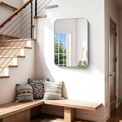 Silver Bathroom Mirror, 18 x 24 Inch Rectangle Mirrors for Wall, Rounded Corner Metal Framed Wall Mounted Mirror for Over Sinks Living Room Bedroom Entryway Hangs Horizontal/Vertical