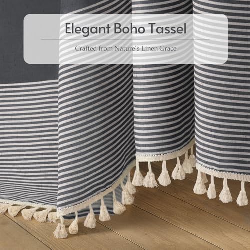 Dark Grey Boho Linen Striped Shower Curtain with Tassel 72"W X 72"L