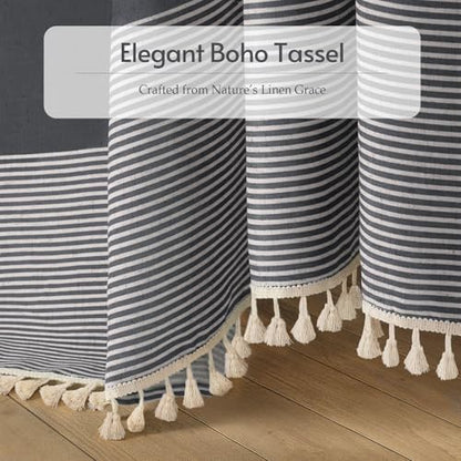 Dark Grey Boho Linen Striped Shower Curtain with Tassel 72"W X 72"L