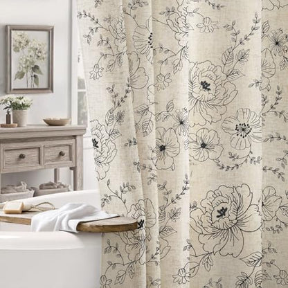 Farmhouse Floral Vintage Shower Curtain for Bathroom, Black Embroidered
