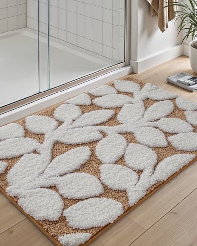DEXI Bathroom Rugs Non Slip Washable 32x20, Boho White Leaf Bath Mat, Brown