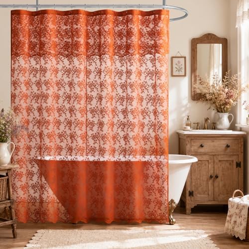 TUDECO Burnt Orange Shower Curtain with Attached Valance, 72 x72 Inch