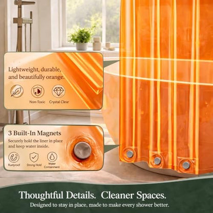 EHZNZIE Orange Shower Curtain Liner 72x72, PEVA Waterproof Bath Curtain, No Chemical Smell, 3 Weighted Magnets, Durable with Rustproof Metal Grommets