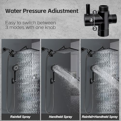 Shower Head,10”Rain Shower Head with Handheld Spray Combo with 11'' Angle Adjustable Extension Arm/Flow Regulator/Shower System,High Pressure Rainfall Shower Head Clean Bathroom,Matt Black