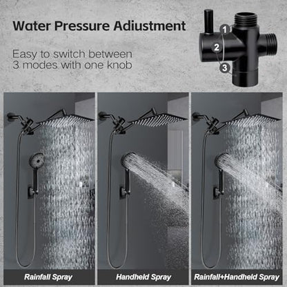 Shower Head,10”Rain Shower Head with Handheld Spray Combo with 11'' Angle Adjustable Extension Arm/Flow Regulator/Shower System,High Pressure Rainfall Shower Head Clean Bathroom,Matt Black