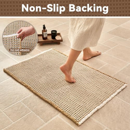 Triohero Waffle Bath Mat, Small Boho Bathroom Rugs, 16x24 Khaki & White