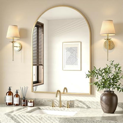 Antok Arched Bathroom Mirror, 20"x30" Wall Mounted Mirror, Vanity Mirrors for Over Sink, Aluminum Alloy Frame Bathroom Mirrors Living Room, Bedroom and Entryway, Gold
