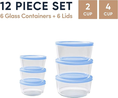 12-Piece Glass Food Storage Containers Set (6 Containers + 6 BPA-Free Lids) | 2-Cup & 4-Cup, Leakproof | Microwave, Freezer, Oven & Dishwasher Safe | Ideal for Meal Prep & Pantry Organization, Blue
