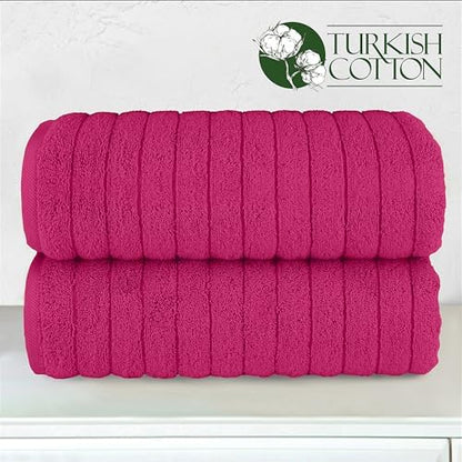 Elegant Comfort 100% Turkish Cotton Corduroy Ribbed Luxury Soft 2 Pack Bath Towels 27 x 54 Inch - Ultra Plush, Absorbent, Quick Dry, Hotel Spa Quality Towels for Bathroom Essentials, Hot Pink