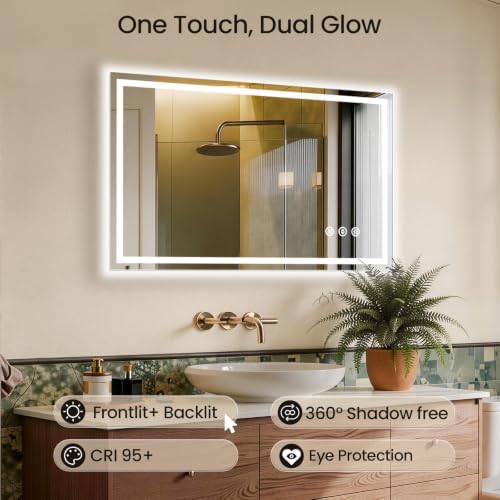 48"x30" LED Bathroom Mirror with Anti-Fog, Backlit & Front Lights, Memory