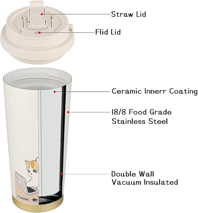 Funkrin Coffee Travel Mug with Flip Lid, 16oz Insulated Tumbler Cup with Ceramic Coating, Double Wall Vacuum Leak-Proof Tumbler for Office School Party Camping