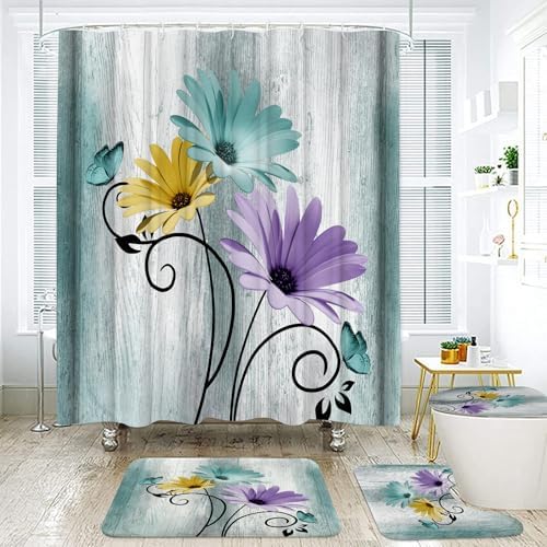 Onalasyc 4PCS Blue Green Daisy Bathroom Sets with Shower Curtain and Rugs