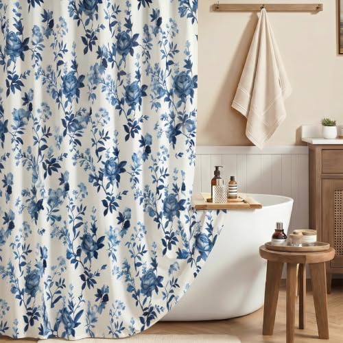 Farmhouse Blue Floral Shower Curtain, Waterproof Fabric Faux Linen Shower Curtain Set with 12 Rings, Vintage Cottagecore Boho Shower Curtains for Bathroom 72" W x 72" L （Beige + Blue