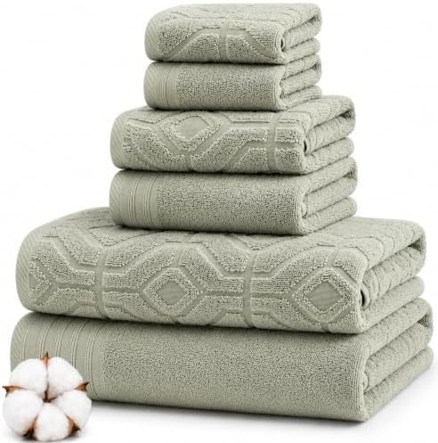 Modern Threads 6 Piece Bath Towel Set – Bathroom Towel Set with 2 Bath Towels, 2 Hand Towels & 2 Washcloths – 100% Cotton, Soft & Absorbent – Geometric (Soft Olive)