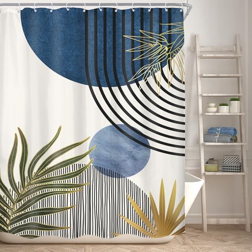 Mid Century Blue Green Boho Abstract Modern Bathroom Shower Curtain Set