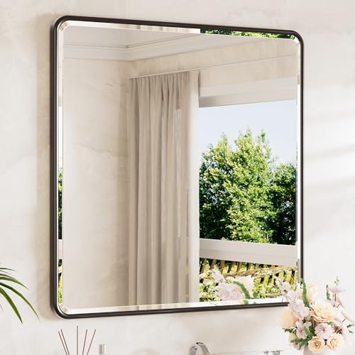 TETOTE Black Vanity Mirror for Bathroom 36 x 36 Beveled Edge Tempered Glass, Rounded Corner Rectangle Wall Mirror for Modern Bathroom, Living Room, Bedroom, Entryway
