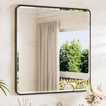 TETOTE Black Vanity Mirror for Bathroom 36 x 36 Beveled Edge Tempered Glass, Rounded Corner Rectangle Wall Mirror for Modern Bathroom, Living Room, Bedroom, Entryway