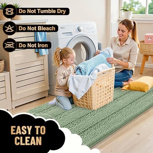 OLANLY Thick Bathroom Rugs 36x24, Chenille Striped Bath Rugs, Sage Green
