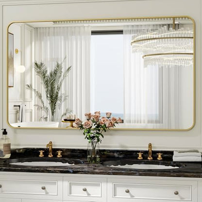 Easly 30 x 48 Inch Bathroom Mirror, Rounded Rectangular Vanity Mirror for Wall, Modern Mirror for Room Decor, Gold Framed Wall-Mounted Mirrors for Home Decor, Hangs Horizontally or Vertically