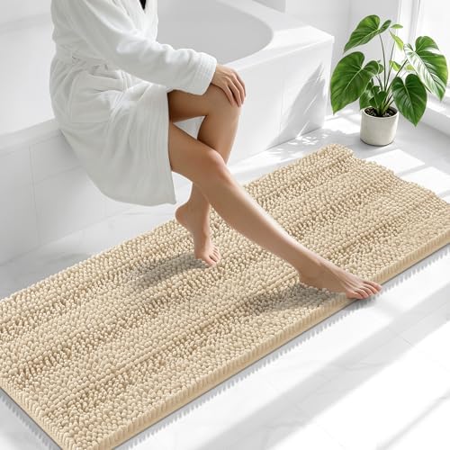 Smiry Thick Chenille Bathroom Runner Rugs 47x20, Absorbent Bath Mat, Beige