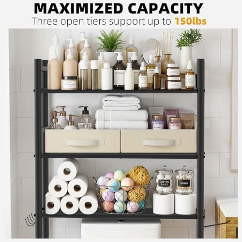GloTika 3-Tier Over Toilet Storage, Anti-Tilt, 64" H, Black, 2 Baskets