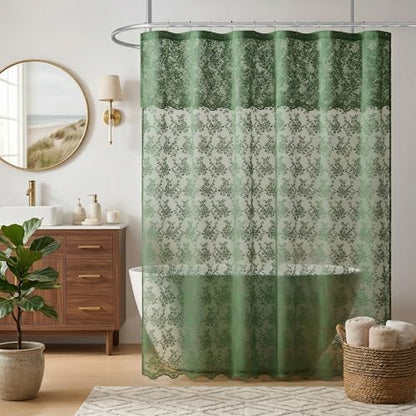 Green Lace Shower Curtain for Bathroom 72x72, Vintage with Attached Valance