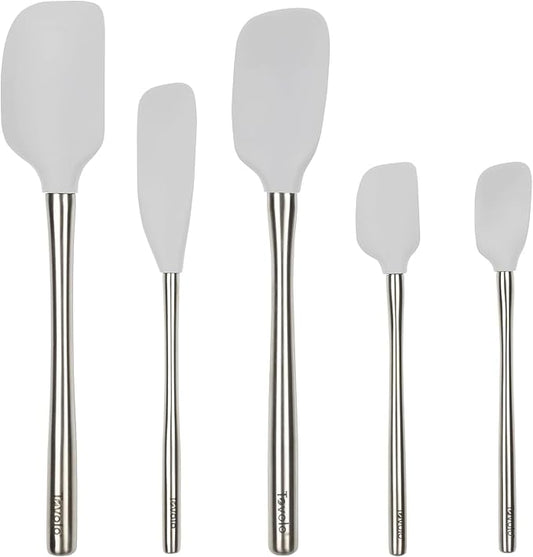 Tovolo Stainless Steel Handled Silicone Spatula Set of 5 Oyster Gray, Dishwasher Safe Kitchen Spatula Set for Cooking Baking, Non Toxic BPA Free Silicone Spatula set with Metal Steel Handle